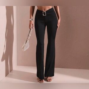 Chic Black High-Waisted Pants with Rhinestone Buckle